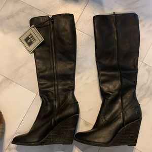 Frye Leather Knee-High Wedge Boot in Black, Zip-Up